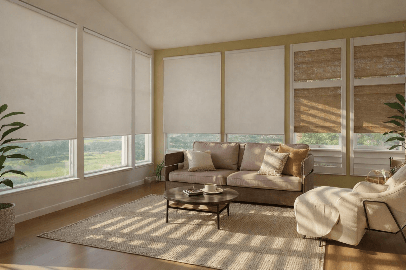 Custom window treatments installed in a beautifully lit home