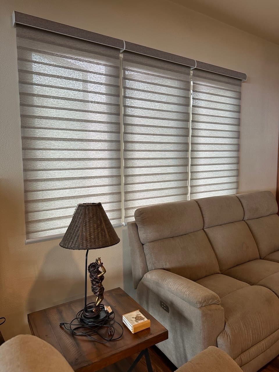 Living room with custom blinds